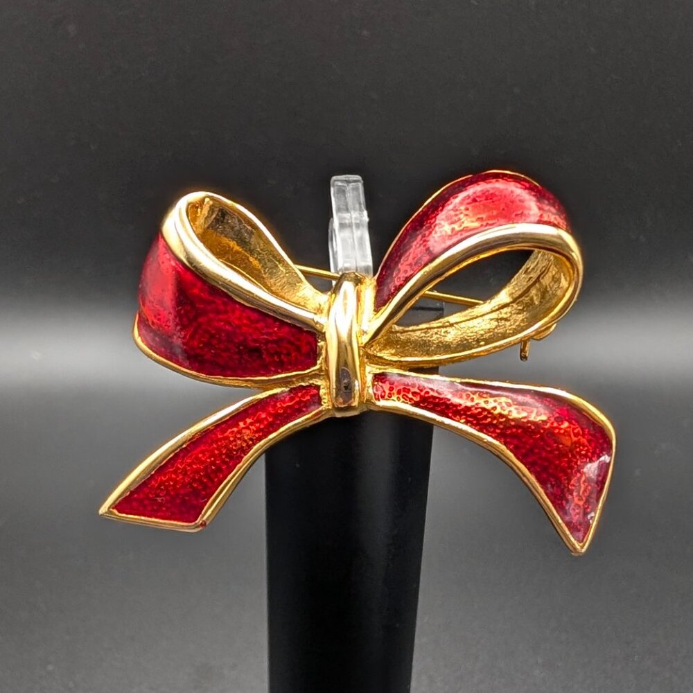 AAI Red Enamel Gold-Tone Bow Brooch - Vintage